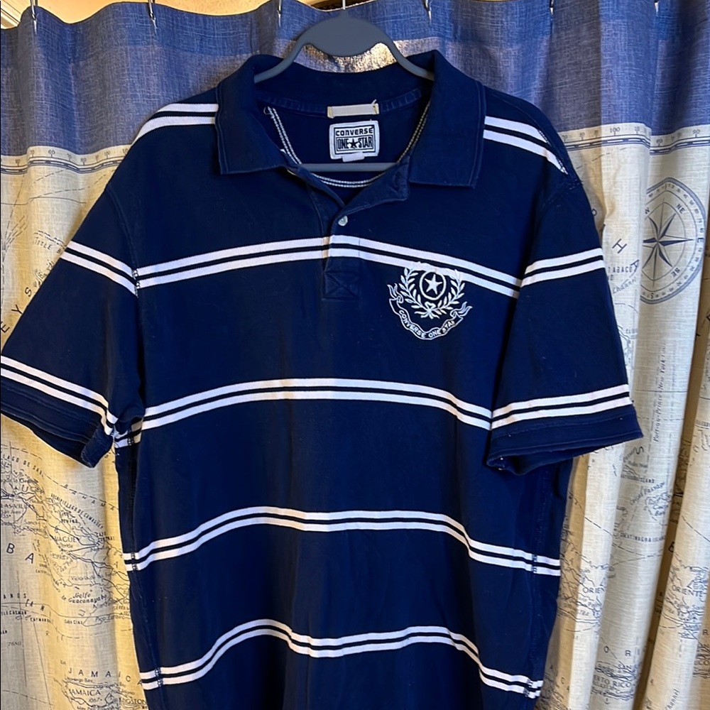 Vintage Converse one star Blue and White Striped Polo Shirt #0145